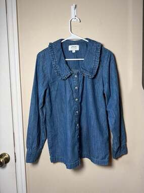 Peter Pan Miss Selfridge Denim Ruffle Collar Shirt US 2